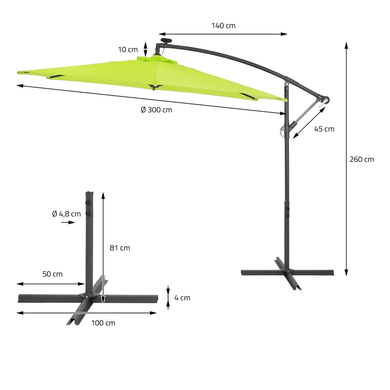 Ampelschirm mit LED-Solar und Kurbel Grün Ø 300 cm aus Aluminium und Polyester