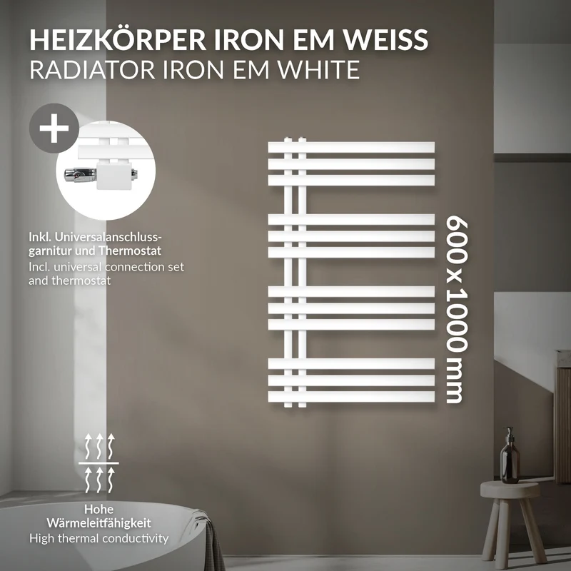 Badheizkörper Mittelanschluss 600x1000 mm Weiß mit Universale Anschlussgarnitur LuxeBath
