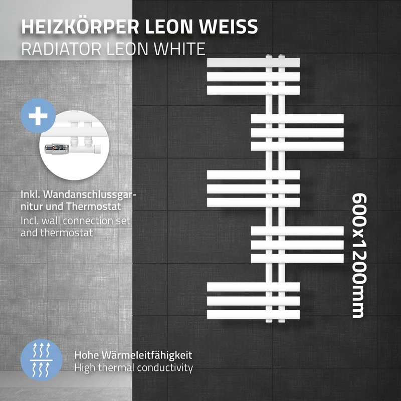 Badheizkörper Leon 600x1200 mm Weiß mit Wand Anschlussgarnitur