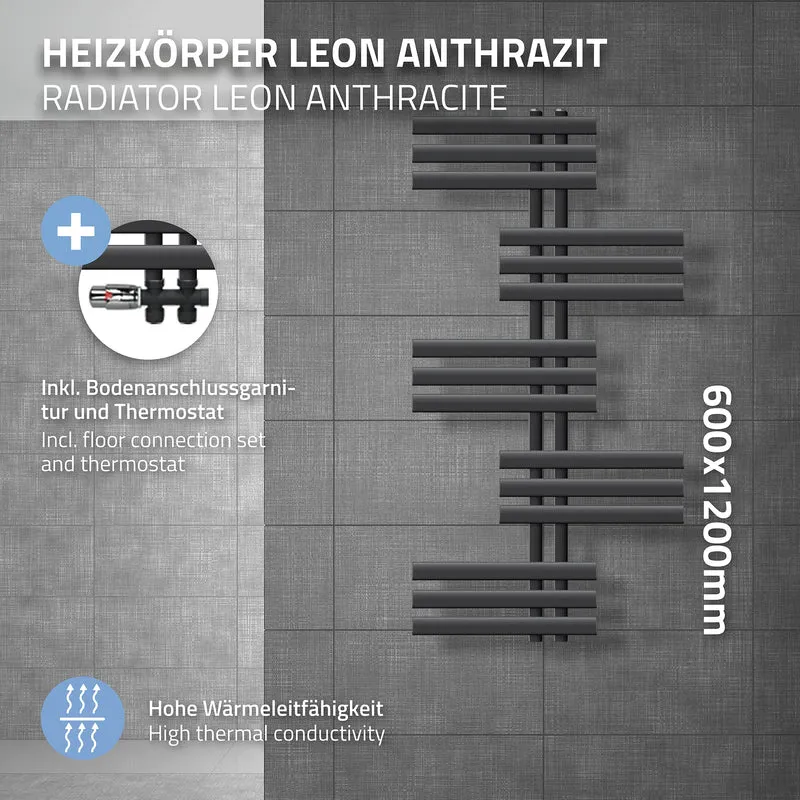 Badheizkörper Leon 600x1200 mm Anthrazit mit Boden Anschlussgarnitur