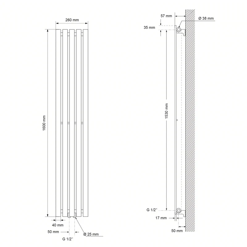 Vertikal Paneelheizkörper Stella 260x1600 mm Anthrazit mit Mittelanschluss