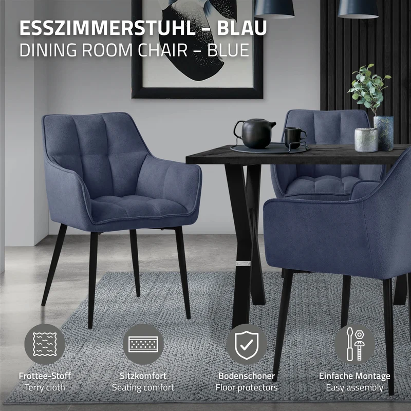 Esszimmerstuhl 6er Set Blau aus Frotteestoff mit dickem gepolsterter Sitz ML-Design