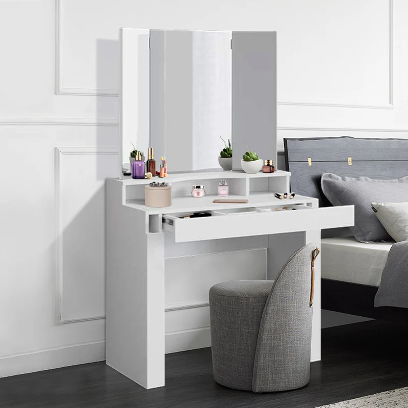 Schminktisch Frisiertisch 89,5x155x43,5 cm in Weiß mit Spiegel 3-tlg, 3 Ablagen & Hocker ML-Design
