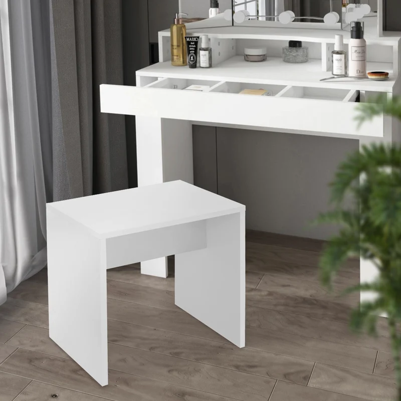 Schminktisch Frisiertisch 89,5x155x43,5 cm in Weiß mit Spiegel 3-tlg, 3 Ablagen & Hocker ML-Design