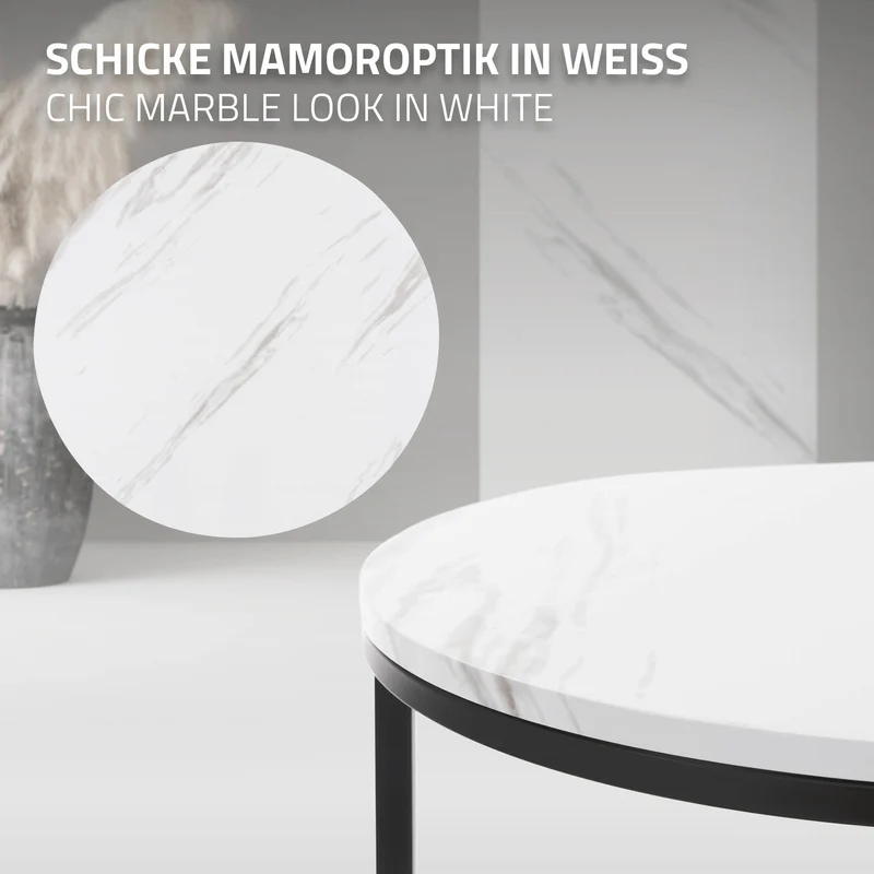 Beistelltisch 2er Set, 50cm & 60cm Ø, Schwarz/Weiß aus Metall und Holz in Marmoroptik ML-Design