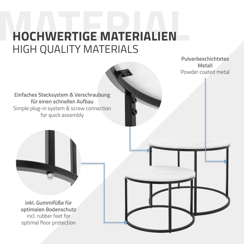 Beistelltisch 2er Set, 50cm & 60cm Ø, Schwarz/Weiß aus Metall und Holz in Marmoroptik ML-Design