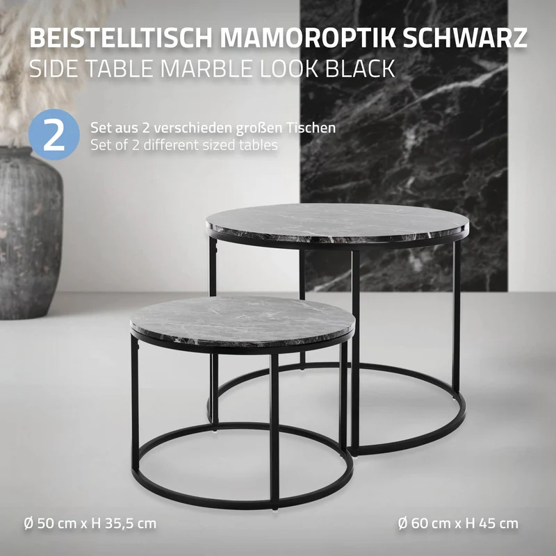 Beistelltisch 2er Set, 50cm & 60cm Ø, Schwarz aus Metall und Holz in Marmoroptik ML-Design