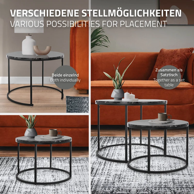 Beistelltisch 2er Set, 50cm & 60cm Ø, Schwarz aus Metall und Holz in Marmoroptik ML-Design