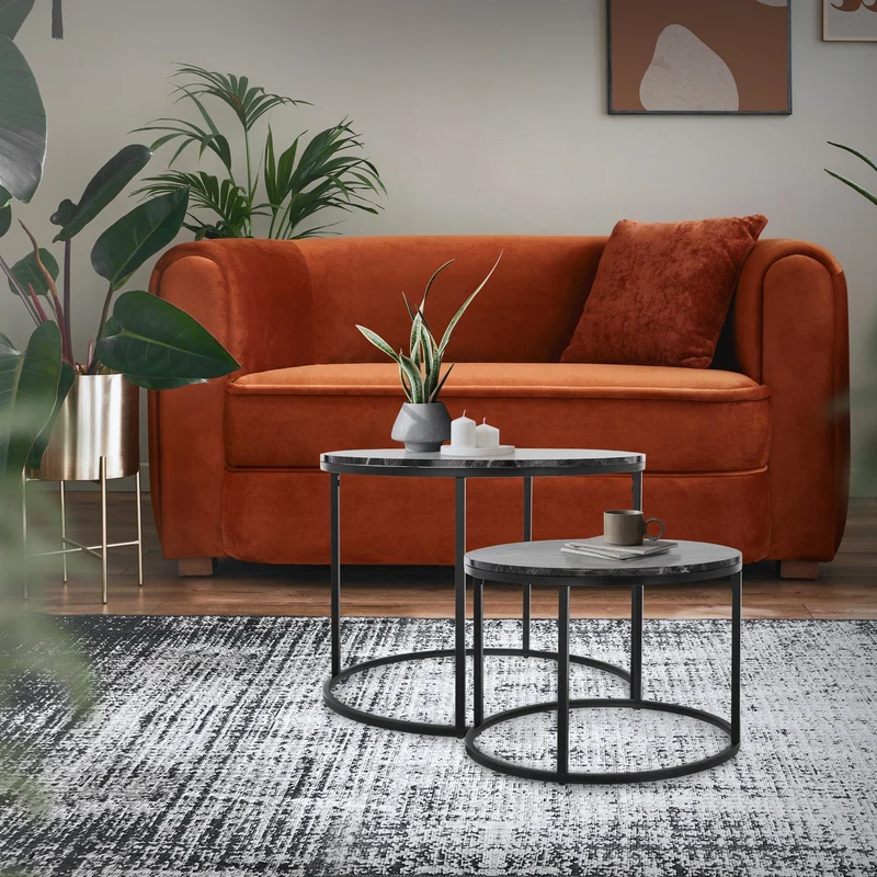 Beistelltisch 2er Set, 50cm & 60cm Ø, Schwarz aus Metall und Holz in Marmoroptik ML-Design