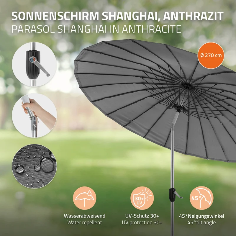 Sonnenschirm Shanghai Ø 270 cm Anthrazit aus Aluminium und Polyester ML-Design