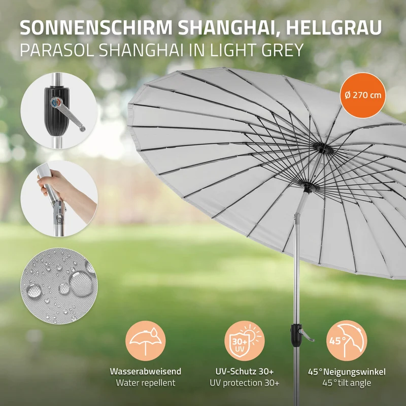 Sonnenschirm Shanghai Ø 270 cm Hellgrau aus Aluminium und Polyester ML-Design