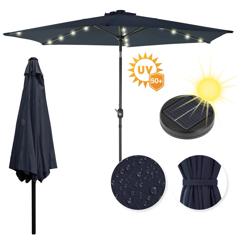 Sonnenschirm mit Kurbel inkl. LED-Solar Ø 300 cm Navy-Blau aus Polyester