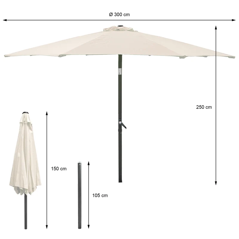 Sonnenschirm mit LED-Solar Creme Ø 300 cm mit Kurbel inkl. Abdeckung