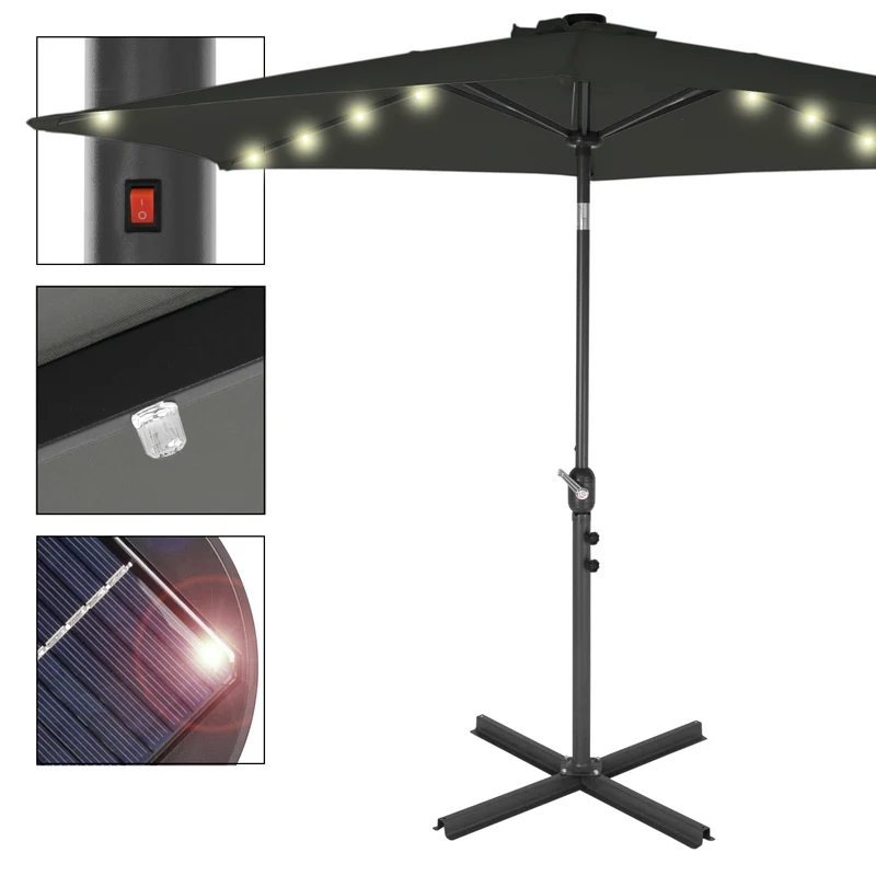 Sonnenschirm mit LED-Solar, anthrazit, Ø300 cm, mit Kurbel inkl. Abdeckung