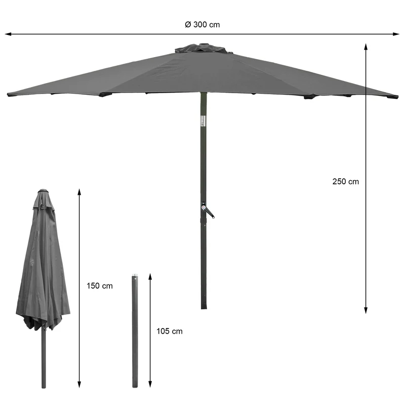 Sonnenschirm mit LED-Solar, anthrazit, Ø300 cm, mit Kurbel inkl. Abdeckung