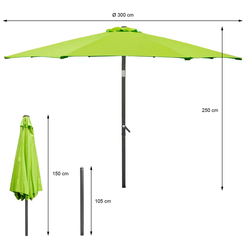 Sonnenschirm mit LED-Solar Grün Ø 300 cm mit Kurbel inkl. Abdeckung