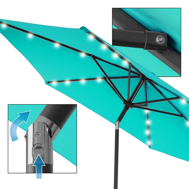 Sonnenschirm mit LED-Solar und Kurbel türkis Ø 300 cm aus Aluminium und Polyester