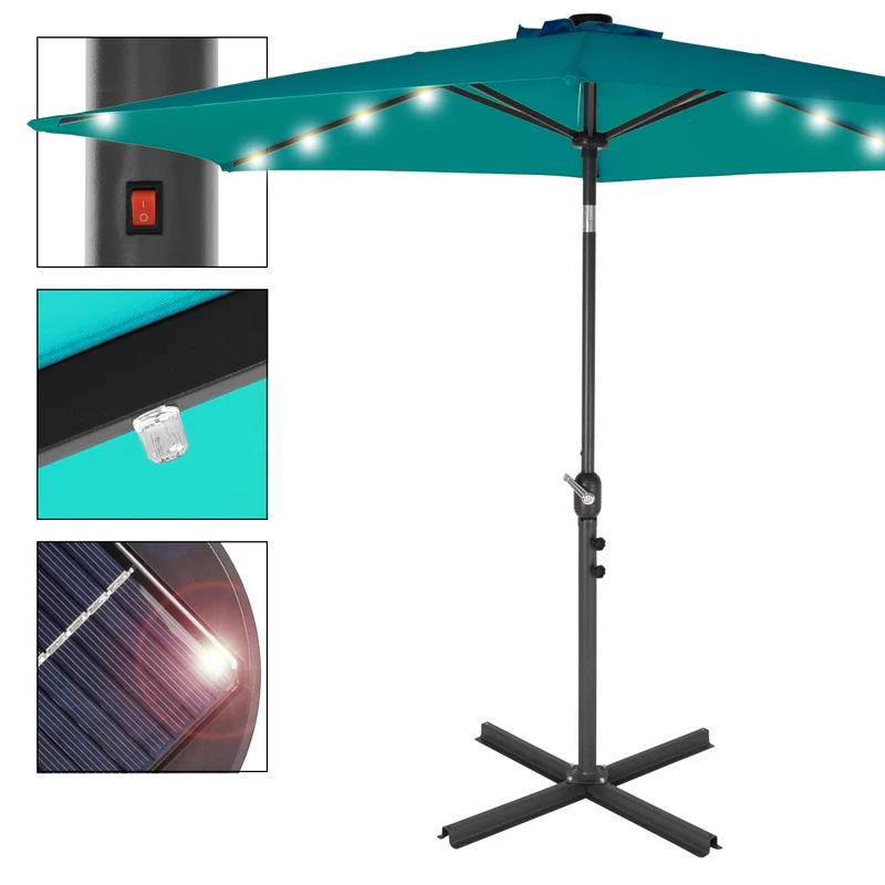 Sonnenschirm mit LED-Solar und Kurbel türkis Ø 300 cm aus Aluminium und Polyester