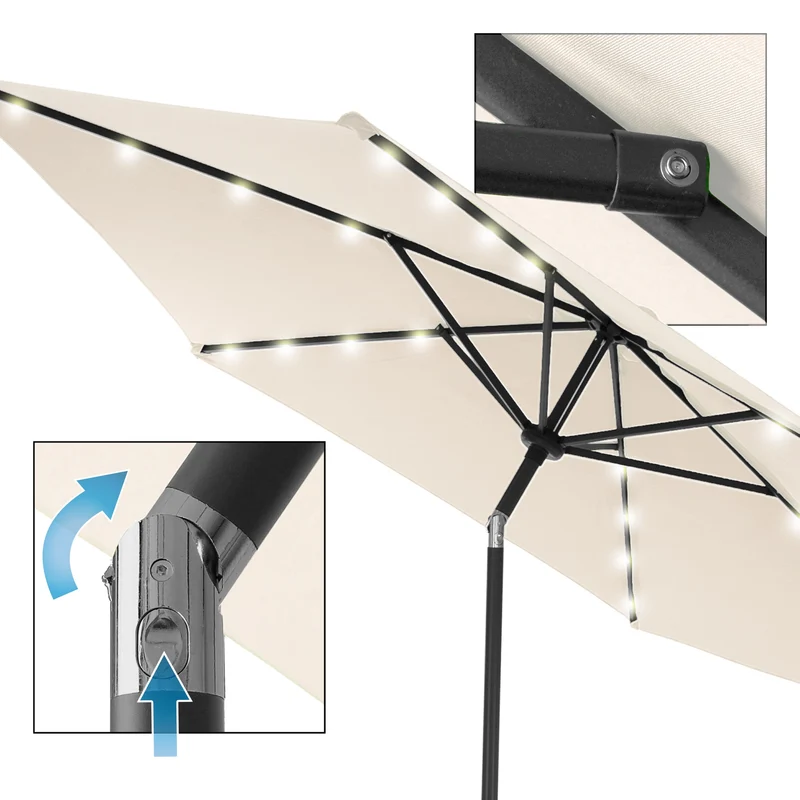 Sonnenschirm mit LED-Solar und Kurbel Creme Ø 300 cm aus Aluminium und Polyester