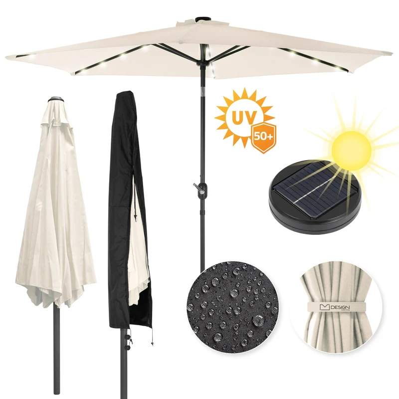 Sonnenschirm mit LED-Solar und Kurbel Creme Ø 300 cm aus Aluminium und Polyester