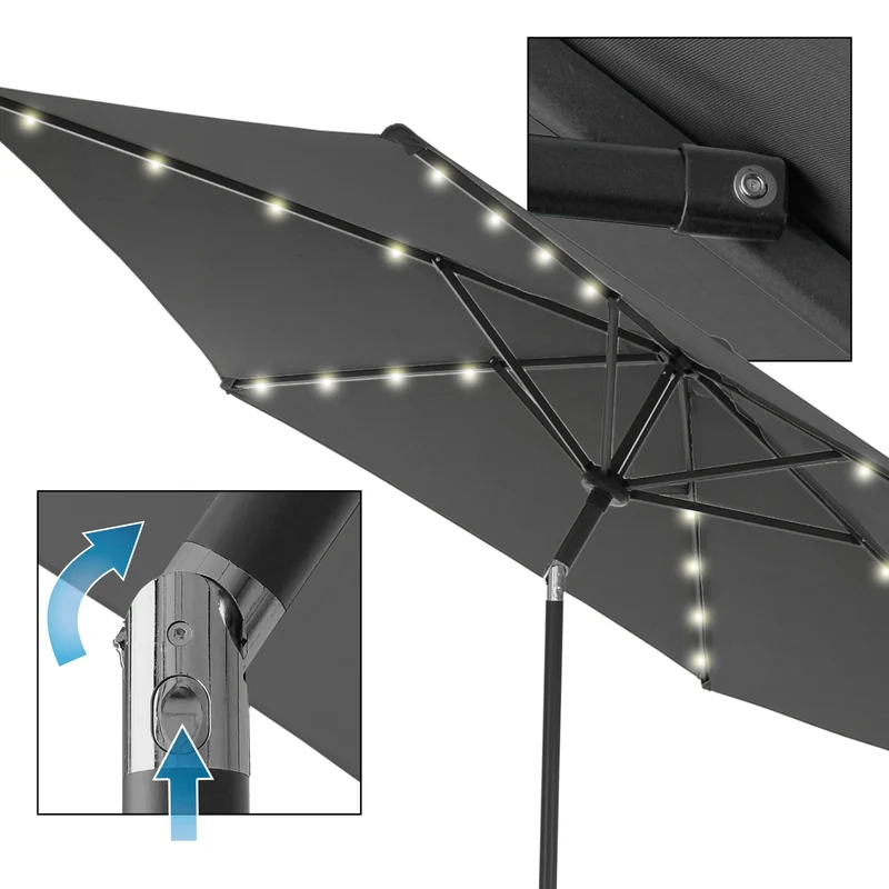 Sonnenschirm mit LED-Solar und Kurbel, anthrazit, Ø 300 cm, aus Aluminium und Polyester