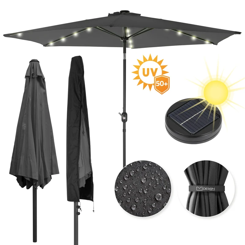 Sonnenschirm mit LED-Solar und Kurbel, anthrazit, Ø 300 cm, aus Aluminium und Polyester