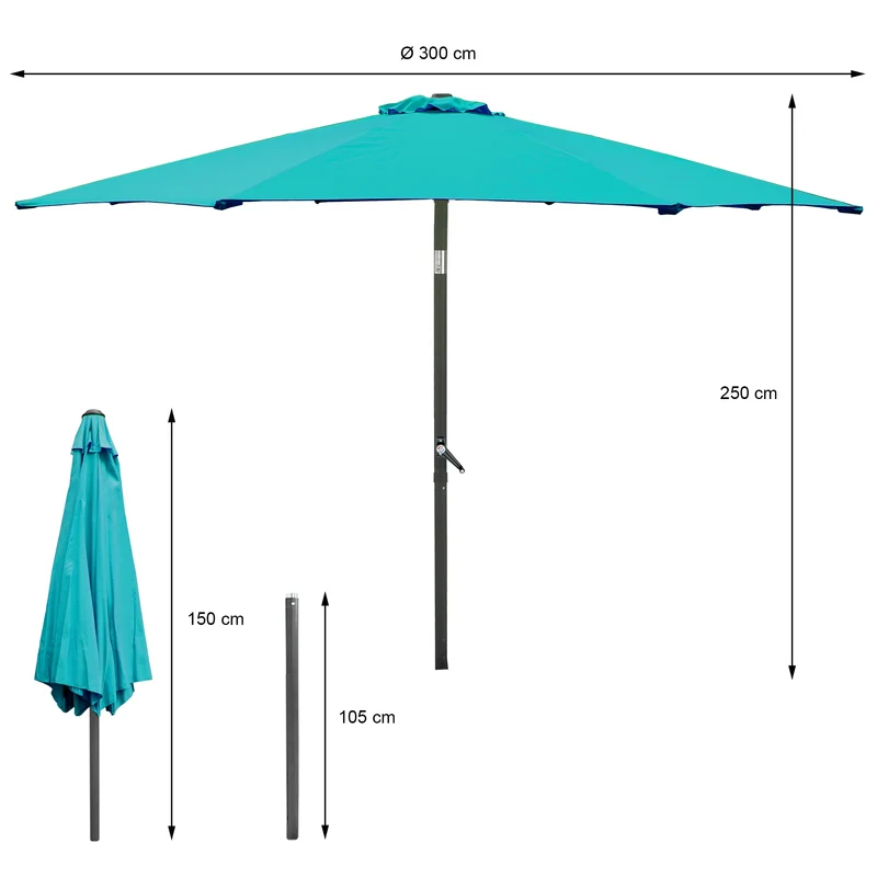 Sonnenschirm mit Kurbel, türkis, Ø 300 cm, aus Aluminium und Polyester