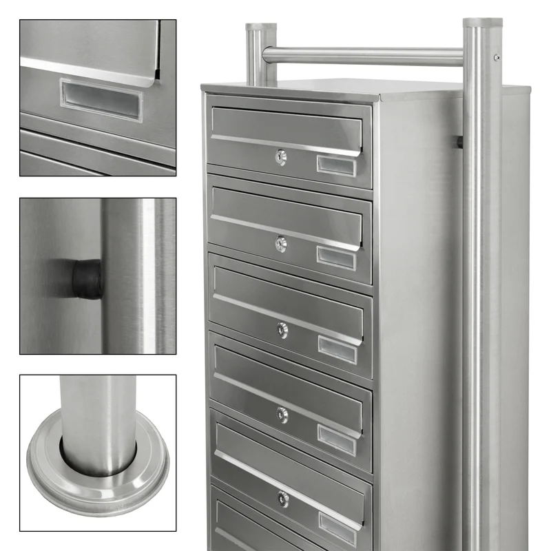 Briefkastenanlage mit Standfuß 6 Fach silber, 50x150x27 cm, aus Edelstahl