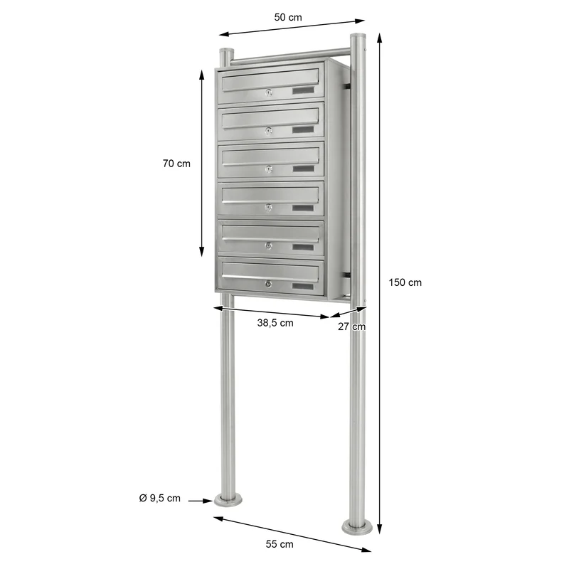 Briefkastenanlage mit Standfuß 6 Fach silber, 50x150x27 cm, aus Edelstahl