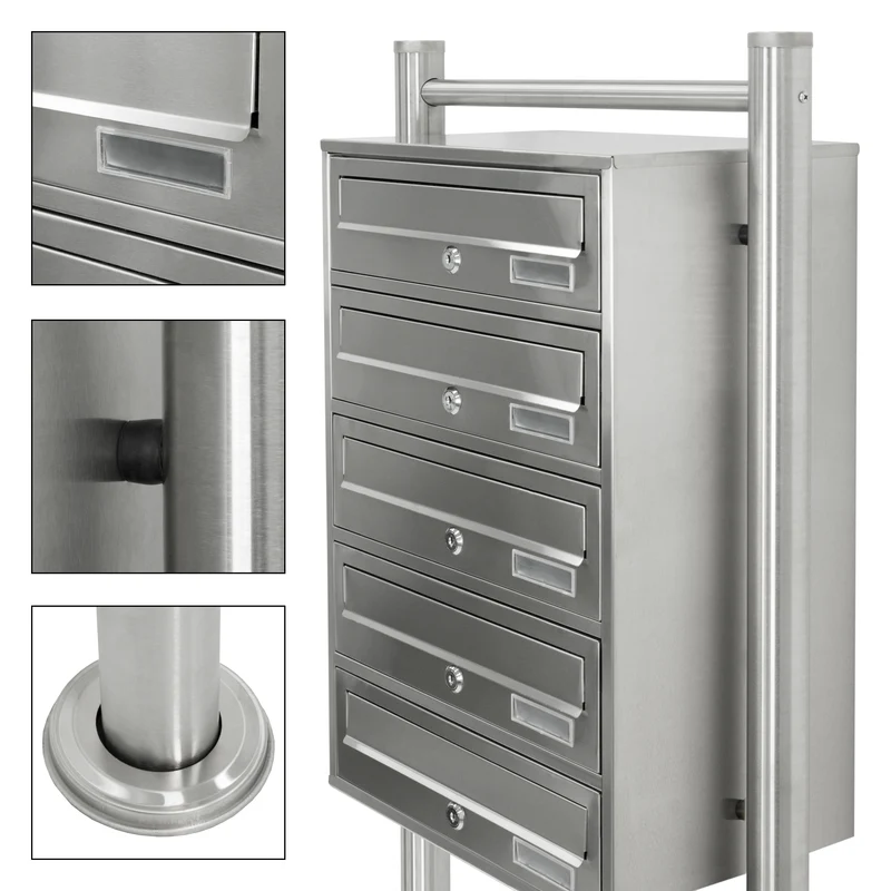 Briefkastenanlage mit Standfuß 5 Fach Silber 50x150x27 cm aus Edelstahl
