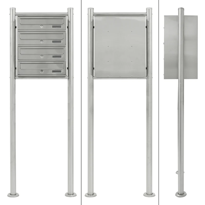 Briefkastenanlage mit Standfuß 4 Fach Silber 50x150x27 cm aus Edelstahl