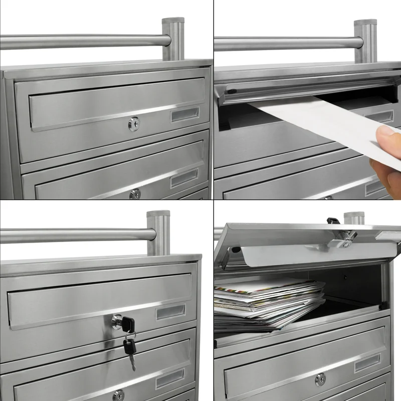 Briefkastenanlage mit Standfuß 4 Fach Silber 50x150x27 cm aus Edelstahl