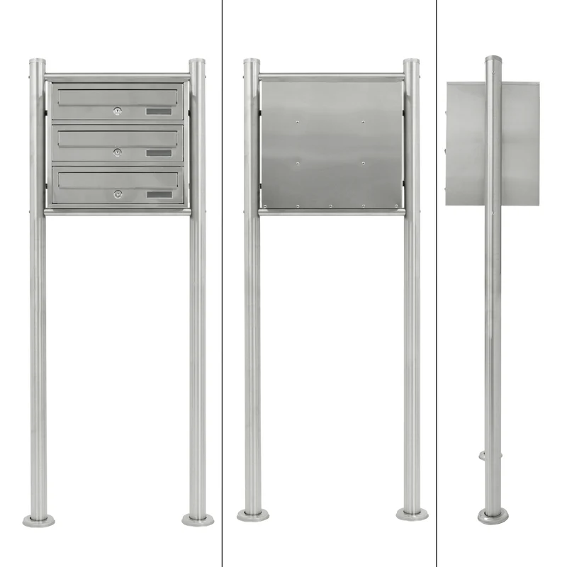 Briefkastenanlage mit Standfuß 3 Fach Silber 50x120x27 cm aus Edelstahl
