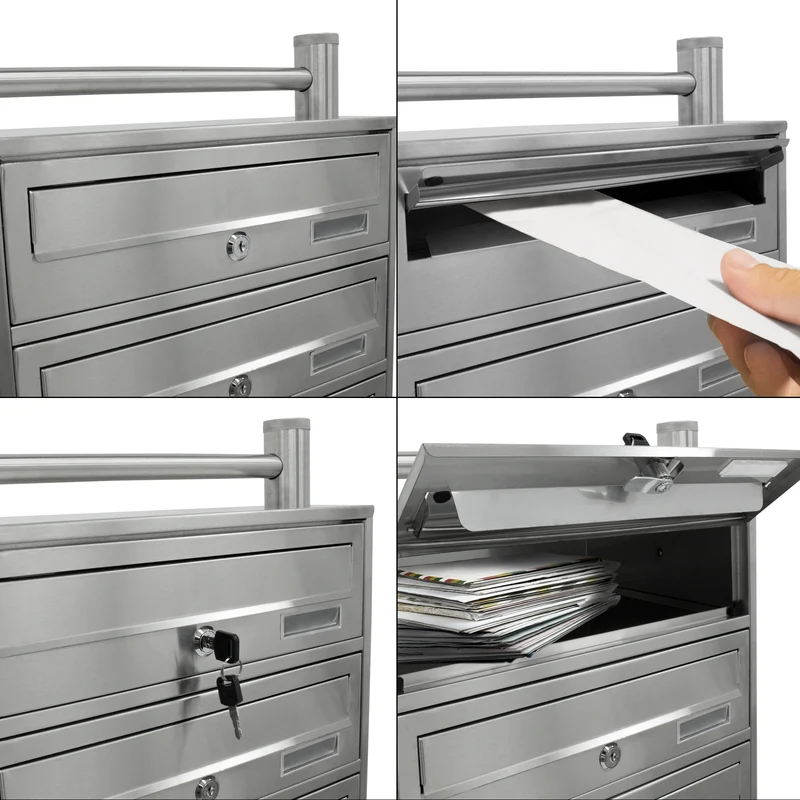Briefkastenanlage mit Standfuß 3 Fach Silber 50x120x27 cm aus Edelstahl