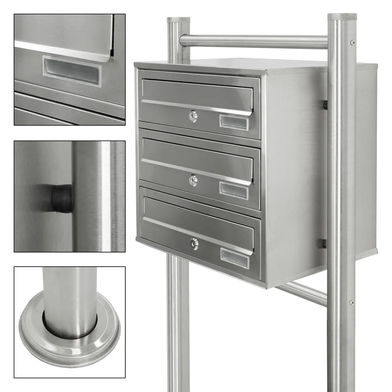 Briefkastenanlage mit Standfuß 3 Fach Silber 50x120x27 cm aus Edelstahl