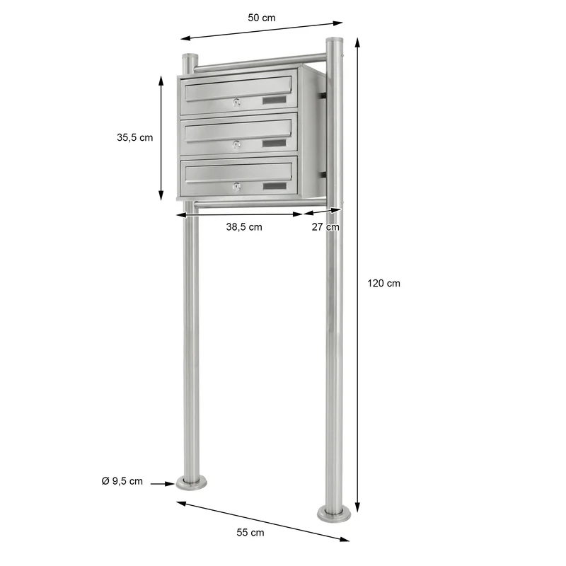 Briefkastenanlage mit Standfuß 3 Fach Silber 50x120x27 cm aus Edelstahl