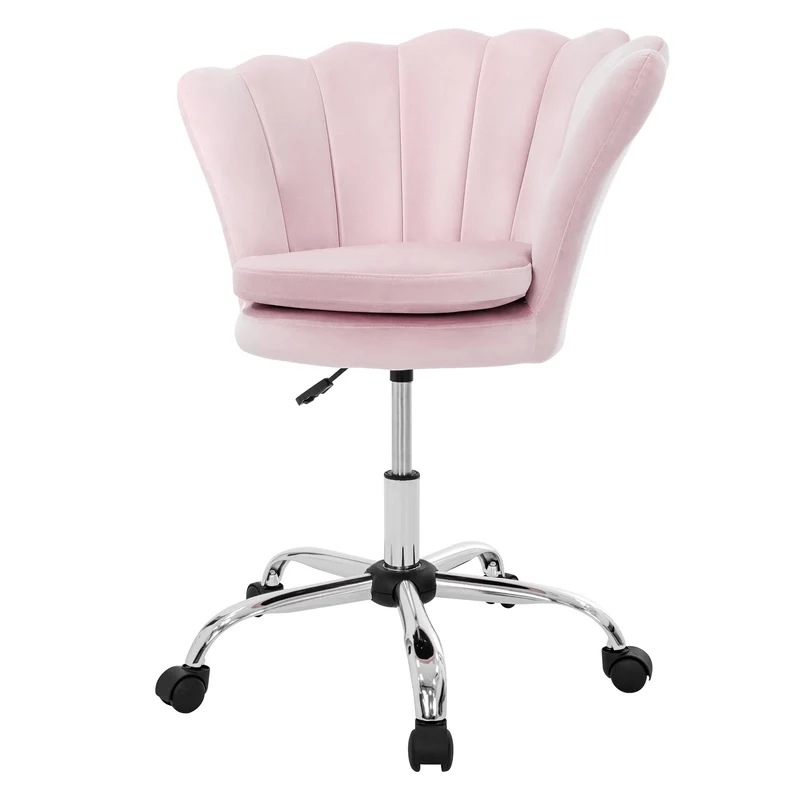 Bürostuhl mit Rollen und Rückenlehne Muscheldesign 68x68 cm Hellrosa aus Samt Schminktisch Stuhl ML-Design