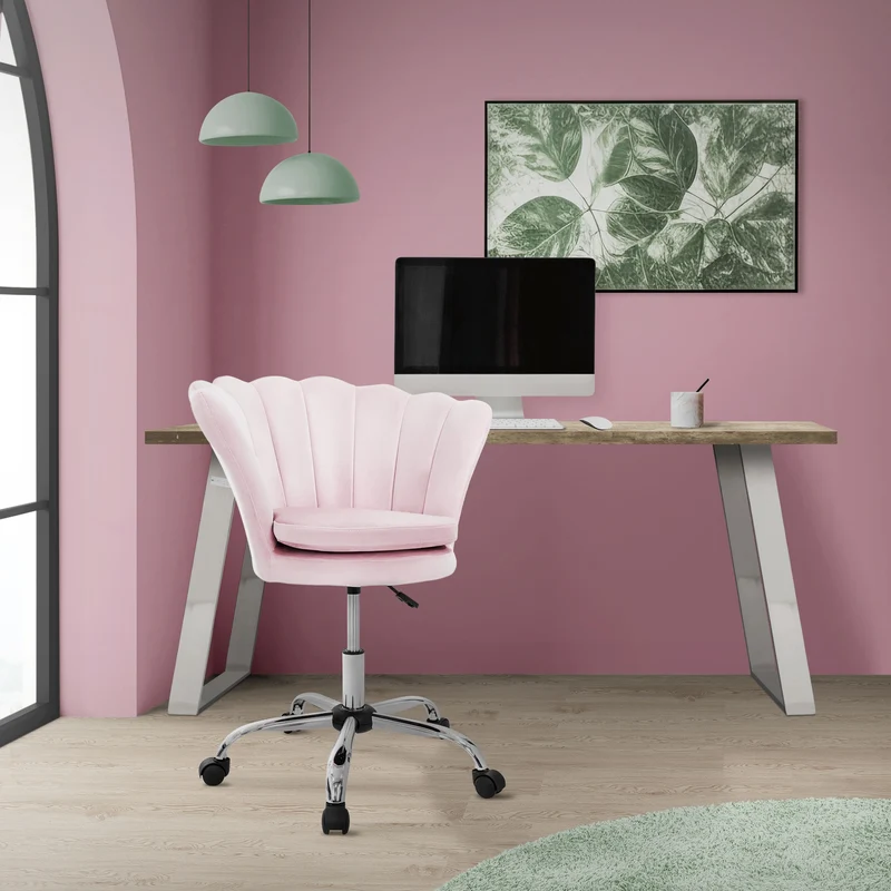 Bürostuhl mit Rollen und Rückenlehne Muscheldesign 68x68 cm Hellrosa aus Samt Schminktisch Stuhl ML-Design