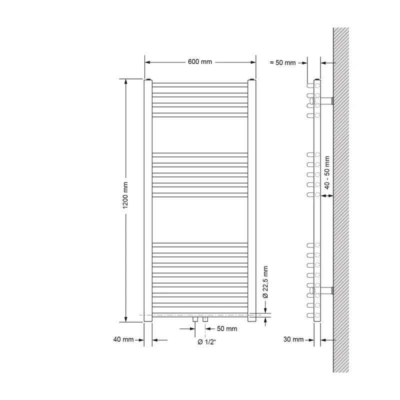 Badheizkörper Sahara 600x1200 mm Schwarz matt gebogen mit Mittelanschluss LuxeBath