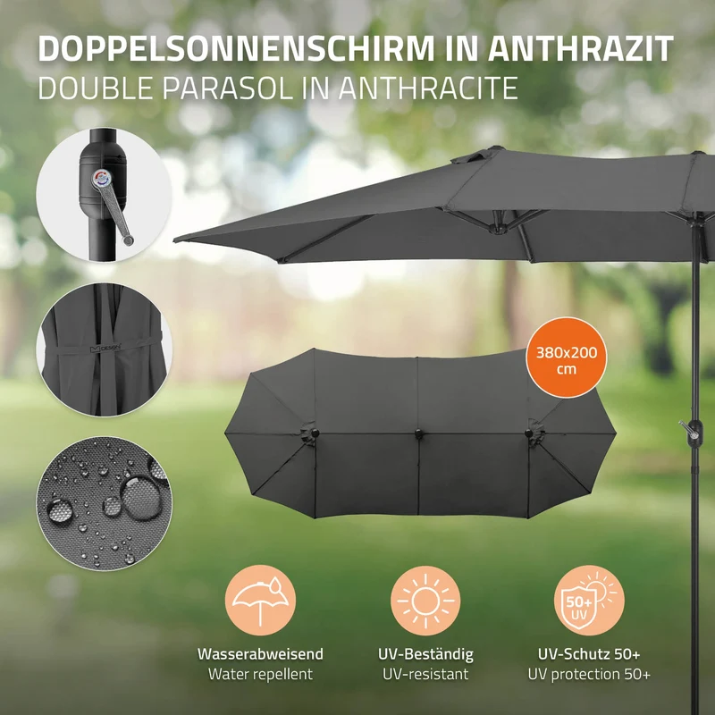 Doppelsonnenschirm 380x200 cm Anthrazit aus Polyester ML-Design