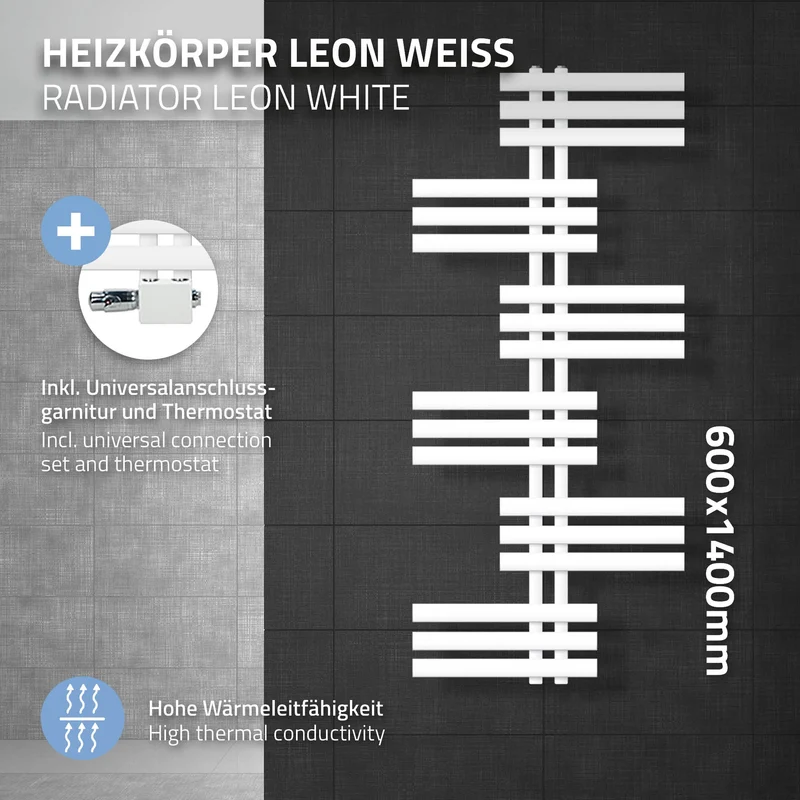 Badheizkörper Leon 600x1400 mm Weiß mit Universale Anschlussgarnitur