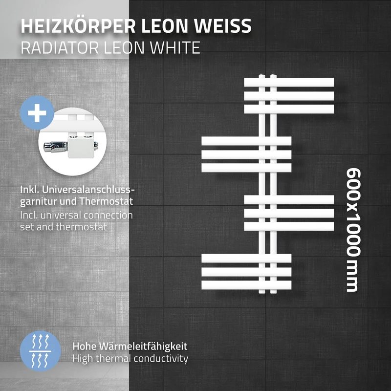Badheizkörper Leon 600x1000 mm Weiß mit Universale Anschlussgarnitur