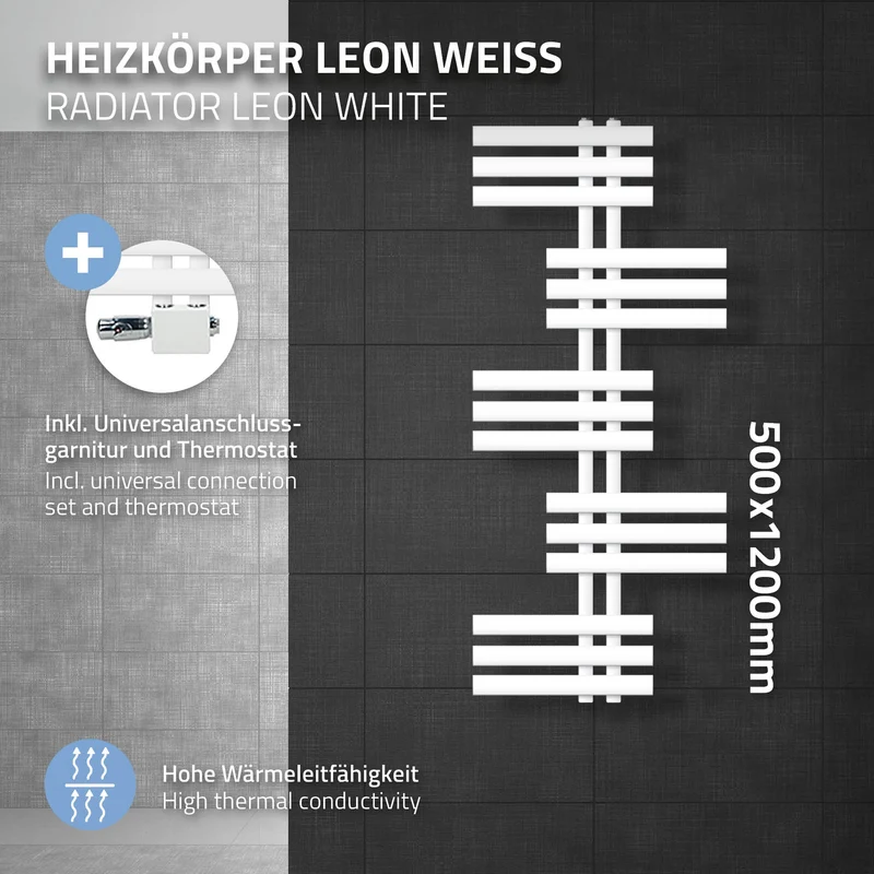 Badheizkörper Leon 500x1200 mm Weiß mit Universale Anschlussgarnitur