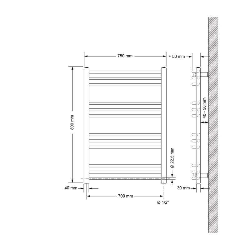 Elektrischer Badheizkörper mit Heizstab 300W 750x800 mm Weiß gebogen mit Seitenanschluss