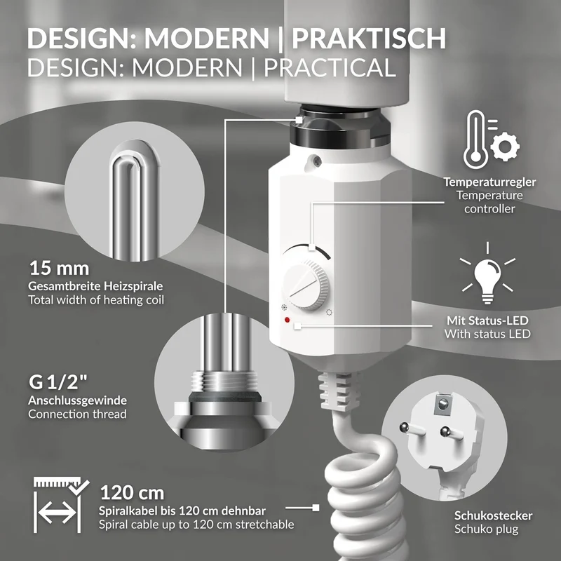 Elektrischer Badheizkörper mit Heizstab 300W 600x800 mm Weiß gebogen mit Seitenanschluss LuxeBath