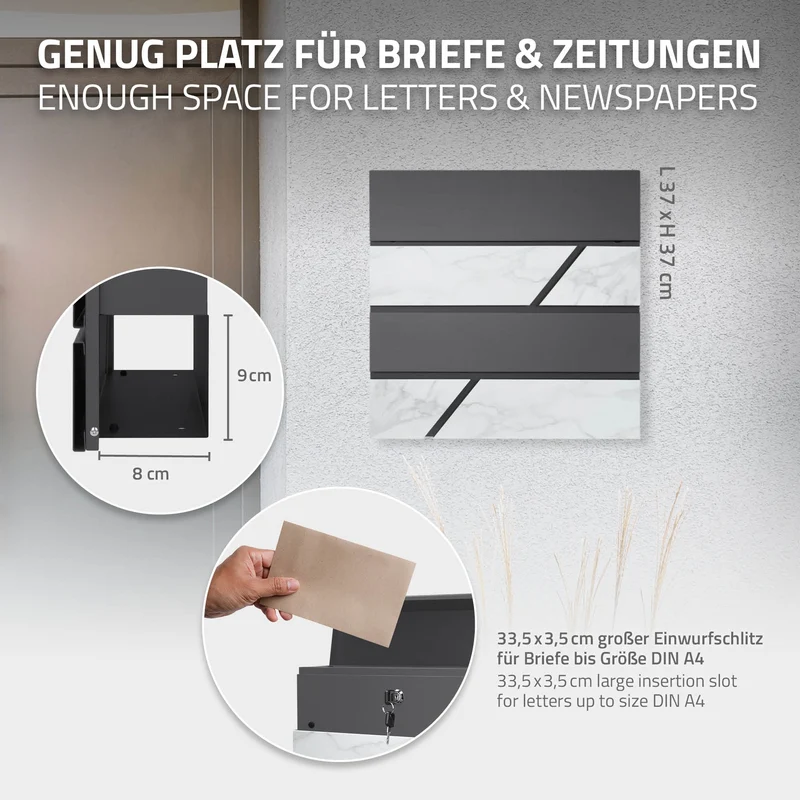 Standbriefkasten mit Zeitungsfach 37x37x11 cm Anthrazit/Weiß-Marmoroptik aus Stahl inkl. Ständer Anthrazit 120cm hoch ML-Design