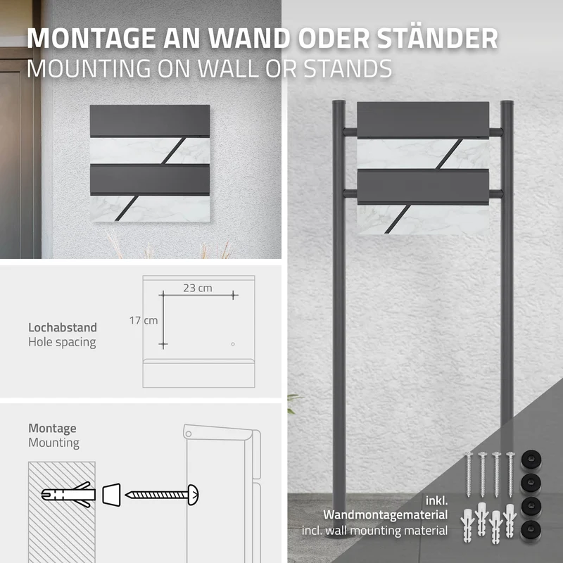 Standbriefkasten mit Zeitungsfach 37x37x11 cm Anthrazit/Weiß-Marmoroptik aus Stahl inkl. Ständer Anthrazit 120cm hoch ML-Design