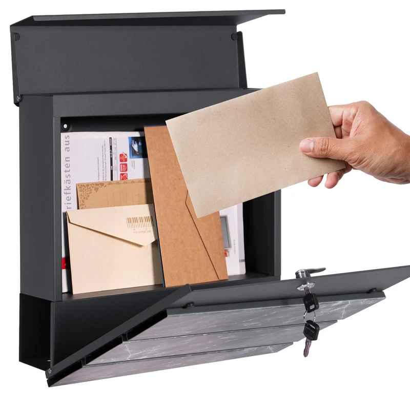 Standbriefkasten mit Zeitungsfach 37x36,5x11 cm Anthrazit/Schwarz-Marmoroptik aus Stahl ML-Design, Modernes Diagonales Design, Standhöhe 120cm Anthrazit Doppelfuß
