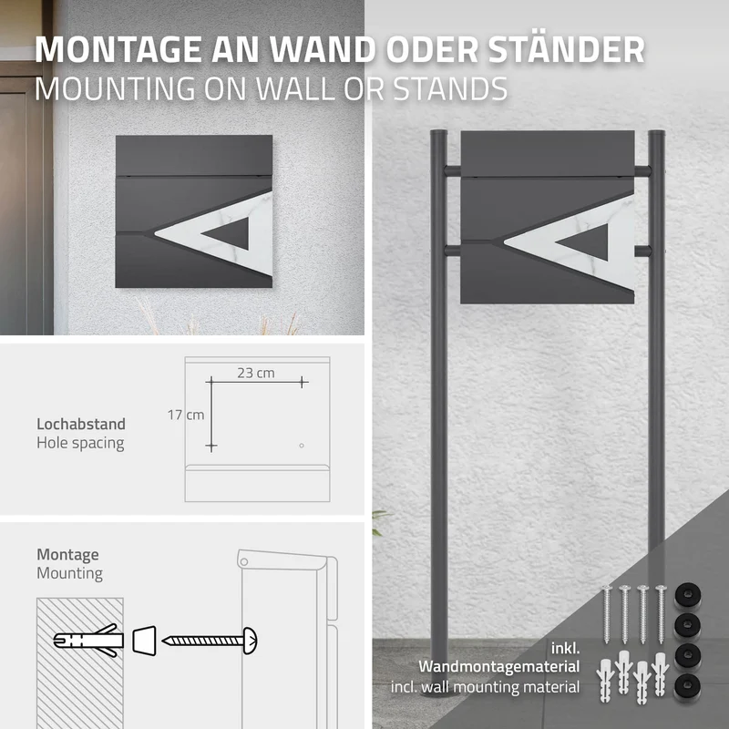 Standbriefkasten mit Zeitungsfach 37x36,5x11 cm Anthrazit/Weiß-Marmoroptik aus Stahl ML-Design, Modernes Dreieckiges Design, Standhöhe 120cm Anthrazit Doppelfuß