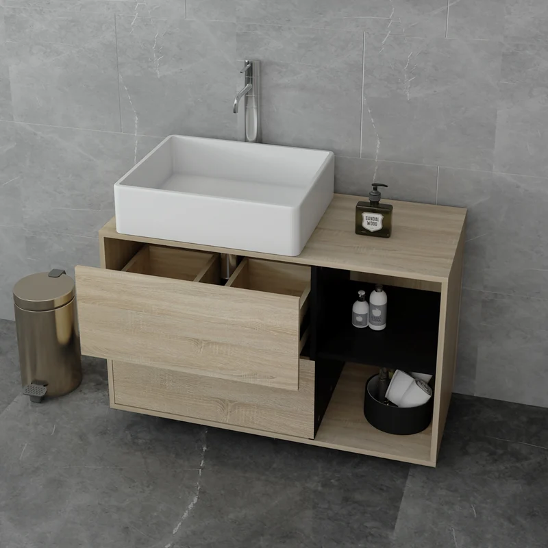 Waschbeckenunterschrank Badezimmerschrank 100x60x45,5 cm mit 2 Schubladen und Ablagen in Braun/Schwarz ML-Design